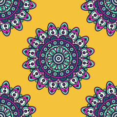 India inspired colorful mandala design seamless pattern template. Vector illustration on yellow background for games, background, pattern, decor. Print for fabrics and other surfaces.