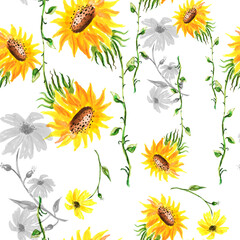 Fototapeta na wymiar Seamless watercolour sunflowers pattern. Yellow watercolor sunflowers. Autumn plant. Watercolor logo, element, drawing for your design. Sunflower harvest. Sunflower oil. fabric, scarf, material