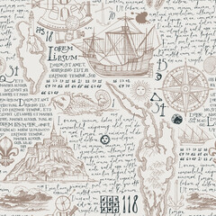 Old manuscript with handwritten text lorem ipsum and hand-drawn islands, sailboats, wind rose in vintage style. Vector abstract seamless pattern on the theme of travel, adventure and discovery