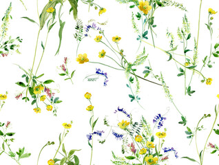 Herbal Summer Flowers Seamless Pattern, Yellow Buttercup Textile Print, Watercolor Field Flowers Background - 384161969