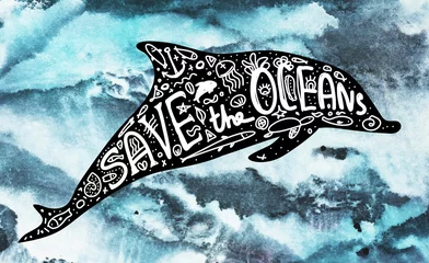 Save ocean. Whale, dolphin, sea, ocean. Black text, calligraphy, lettering, doodle by hand on grey. Pollution problem concept Eco, ecology banner poster. monotype watercolor, abstract texture paint © EkaterinaP