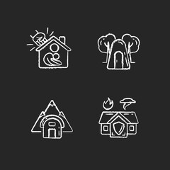 Temporary safe residence chalk white icons set on black background. Domestic violence victims support. Single-person air raid shelter. Emergency shelter. Isolated vector chalkboard illustrations