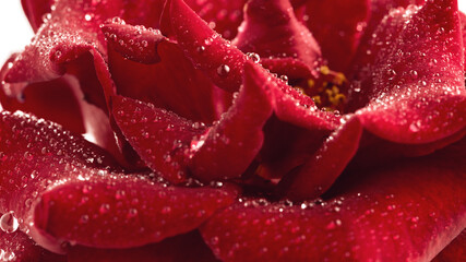 beautiful dark red rose in dewdrops close-up. abstract blurry background. flat lay, top view