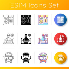 Trading business icons set. Linear, black and RGB color styles. Retail services, different commercial services. Auto trade center, outlet store and expo. Isolated vector illustrations