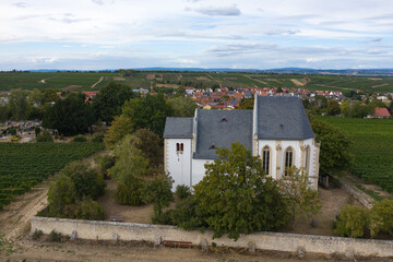 Fototapeta premium Bird's eye view of the mountain church of Udenheim / Germany in Rhineland-Palatinate in the middle of vineyards