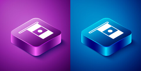 Isometric Mexico flag on flagpole icon isolated on blue and purple background. Square button. Vector.