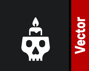 White Burning candle on a skull icon isolated on black background. Day of dead. Vector.