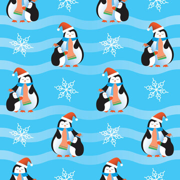 Penguins seamless pattern for holiday, christmas, new year, winter, flat vector stock illustration with penguin character in a scarf, christmas cap and snowflakes