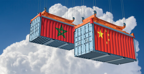 Freight containers with China and Morocco national flags. 3D Rendering