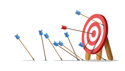 Business challenge failure concept. Lots arrows missed hitting target mark and only one hits the center. Shot miss. Failed inaccurate attempts to hit archery target. Vector illustration. - obrazy, fototapety, plakaty