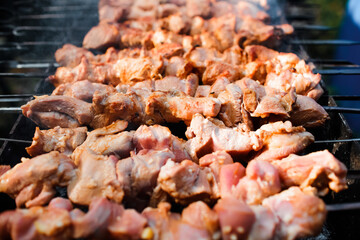 The meat is grilled on charcoal, close-up. Cooking barbecue outdoors