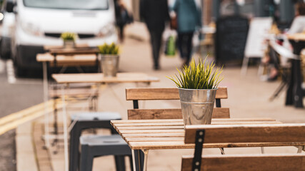 Street tables and chairs in a restaurant during covid-19 pandemic