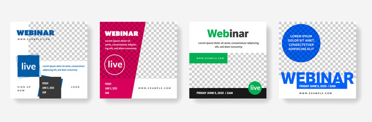 Obraz premium Webinar social media post templates with place for text. Editable square layouts for online course and learning. Remote teaching about technology, vector graphic