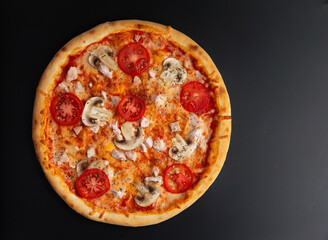 homemade pizza with tomatoes and herbs on a dark background