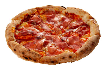 Delicious pizza served on wooden plate isolated on white
