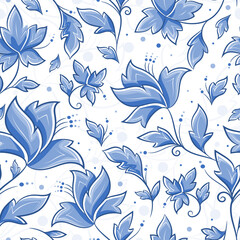 White and blue leaves seamless pattern. Vintage vector ornament template. Paisley elements. Great for fabric, invitation, background, wallpaper, decoration, packaging or any desired idea.