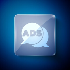 White Advertising icon isolated on blue background. Concept of marketing and promotion process. Responsive ads. Social media advertising. Square glass panels. Vector.