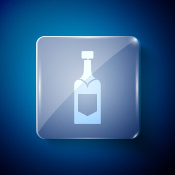 White Champagne bottle icon isolated on blue background. Square glass panels. Vector.