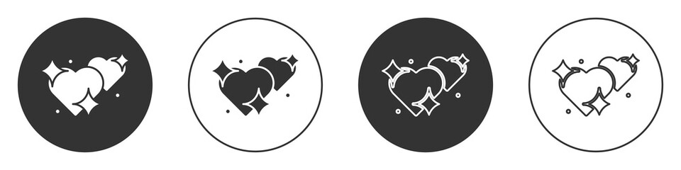 Black Two Linked Hearts icon isolated on white background. Romantic symbol linked, join, passion and wedding. Valentine day symbol. Circle button. Vector.