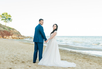 Happy newlyweds stand holding hands on the background of the blue sea. Wedding walk on a sand beach. In the background, blue sky