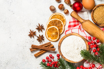 Christmas baking background on white table.