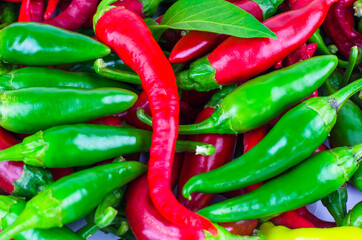 Background from green and red chili peppers. Chili pepper close up.