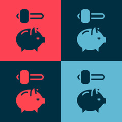 Pop art Piggy bank and hammer icon isolated on color background. Icon saving or accumulation of money, investment. Vector.