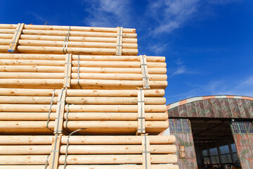 Piles of wooden boards in the sawmill, planking.