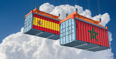 Freight containers with Spain and Morocco national flags. 3D Rendering