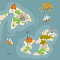 Map builder illustrations for fantasy and medieval cartography and adventure games, landmark scene mapped