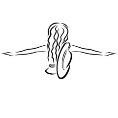 girl spread her arms to the sides, summer hat behind her back