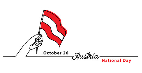 Austria National Day simple web banner with flag and hand. Minimalist vector border, background.One continuous line drawing with lettering Austria.