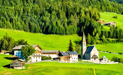 View of Val di Funes with the Chruch of Santa Maddalena in the Dolomites Mountains. UNESCO world heritage in South Tyrol, Italy