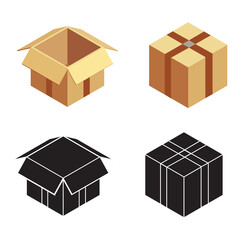 Carton delivery packaging open and closed box with fragile signs. Cardboard box mockup set. Vector illustration