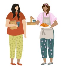 Vector illustration. Takeaway food and drinks. The girl buys food. Croissant and coffee. Pickup of food. The waiter accepts the order. Template for a postcard or banner.
