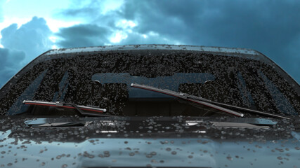 car wipers with red silicone coating sweep water from the car windshield 3d render against a cloudy sky - obrazy, fototapety, plakaty