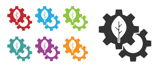 Black Leaf plant ecology in gear machine icon isolated on white background. Eco friendly technology. World Environment day label. Set icons colorful. Vector.