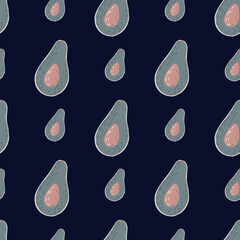Pink and grey colored avocados seamless organic pattern. Navy blue dark background. Vitamin tasty backdrop.