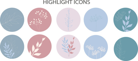 Set of vector abstract backgrounds with doodle branch. Suitable for social media stories, highlights. Doodle style. Instagram circle flyer.