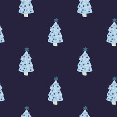 Merry christmas seamless pattern with simple minimalist blue trees. Navy blue dark background. Xmas scandinavian backdrop.