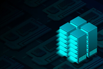 Server room isometric vector, server networking technology, futuristic technology of data protection and processing, networking and web hosting banner, input output data flow, vector illustration