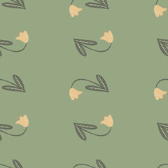 Scandinavian seamless doodle pattern with contoured campanula flowers. Green background. Pale palette artwork.
