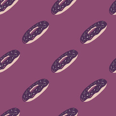 Food diagonal donuts seamless pattern. Stylized tasty backdrop in purple tones. Simple sweet snack print.