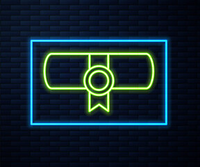Glowing neon line Decree, paper, parchment, scroll icon icon isolated on brick wall background. Vector.