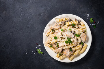 Pasta with Chicken and mushrooms In cream sauce.