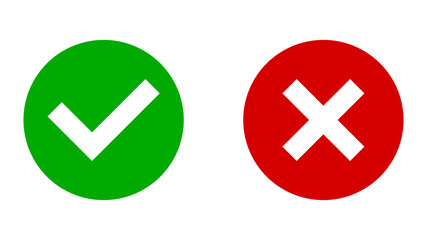 Yes and No or Right and Wrong or Approved and Declined Icons with Check Mark and X Signs with Shadow in Green and Red Circles. Vector Image.