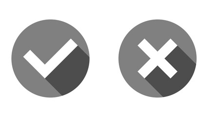Yes and No or Right and Wrong or Approved and Declined Icons with Check Mark and X Signs with Shadow in Circles. Vector Image.