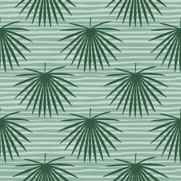 Seamless pastel soft botanic pattern with talipot leaf ornament. Green color elements on blue pastel striped background.