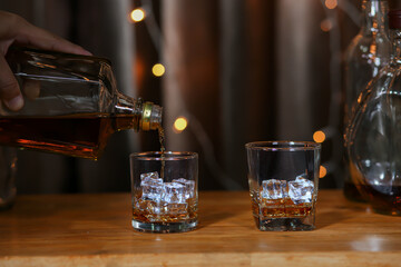 Bartender Serve Whiskey, on wood bar,