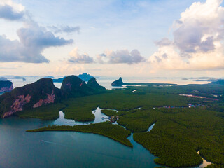 Aerial view green mangrove forest sea bay nature landscape